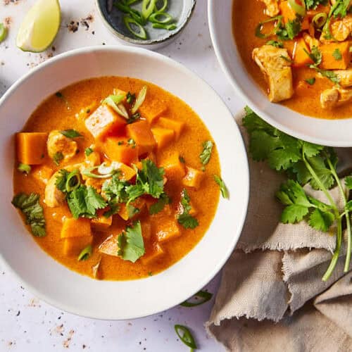 Zoete aardappelcurry met kip