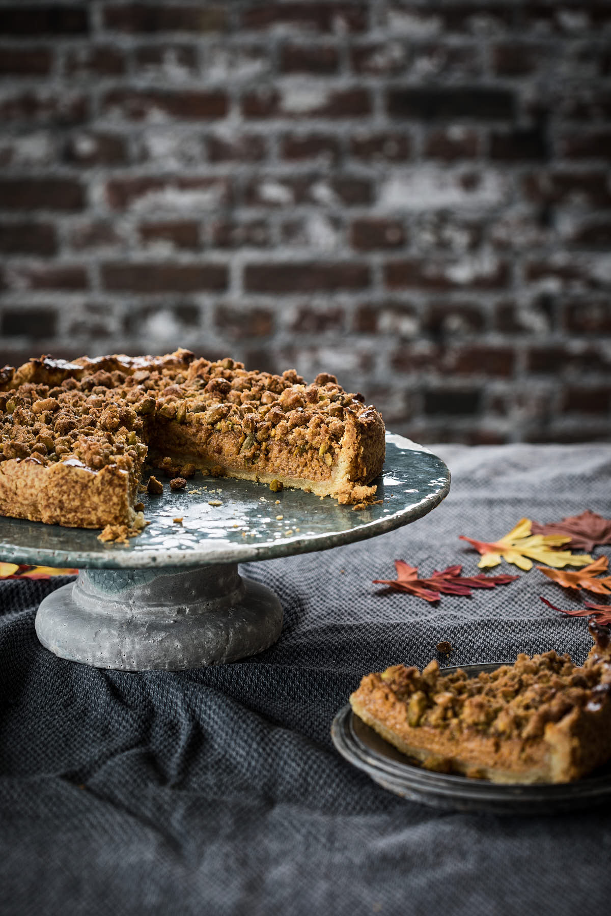 Pompoentaart met pistache crumble