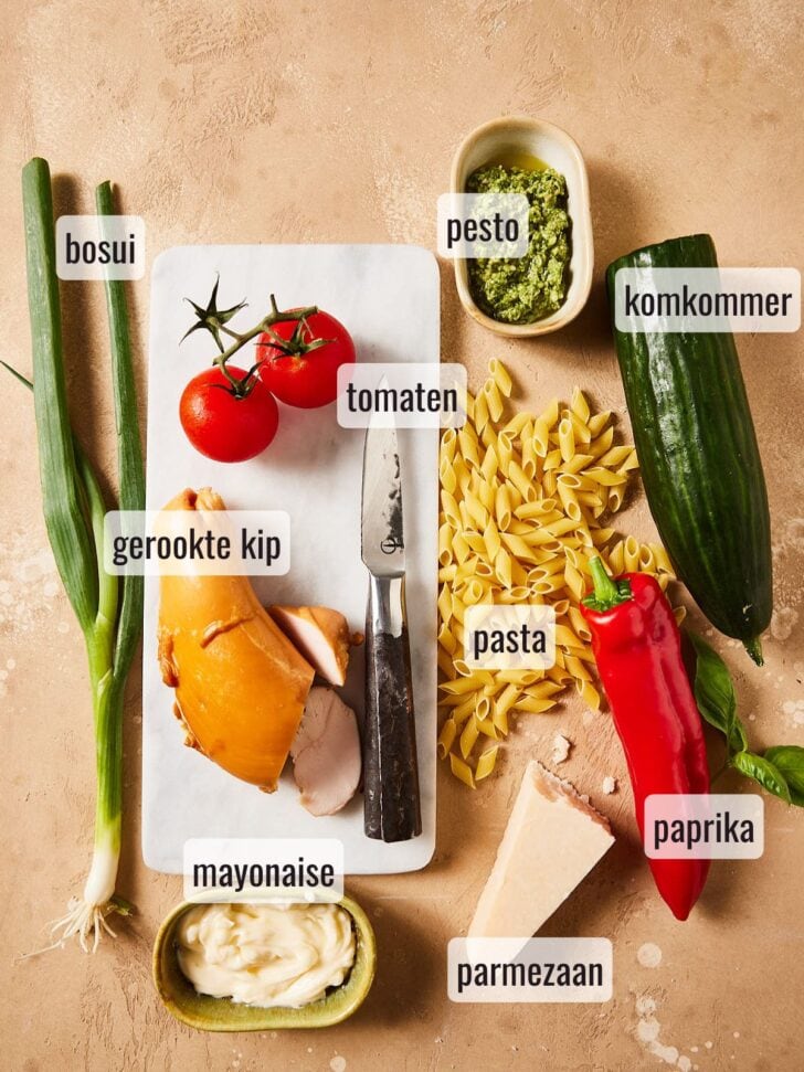 Ingredienten voor de snelle pastasalade