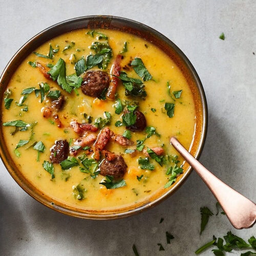 Zoete aardappelsoep met boerenkool