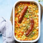 Ovenschotel met worst en zoete aardappel
