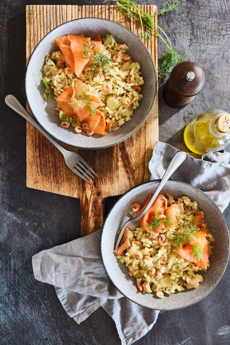 Venkelrisotto met zalm en garnalen