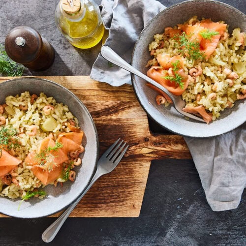 Venkelrisotto met garnalen en zalm