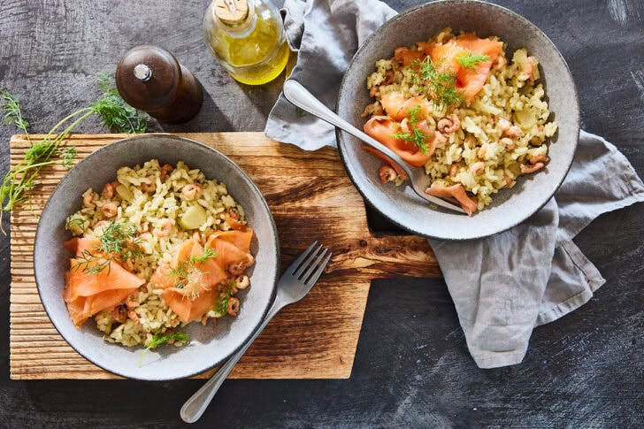 Venkelrisotto met garnalen en zalm