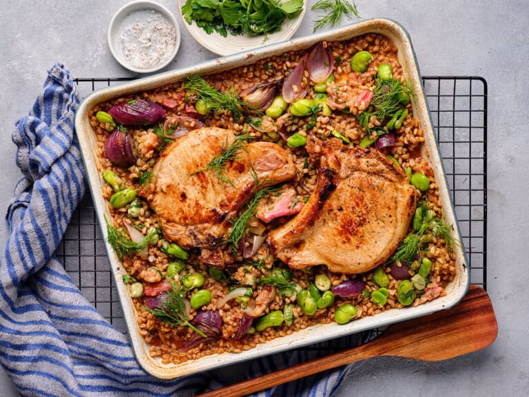 Karbonade met spelt en rabarber