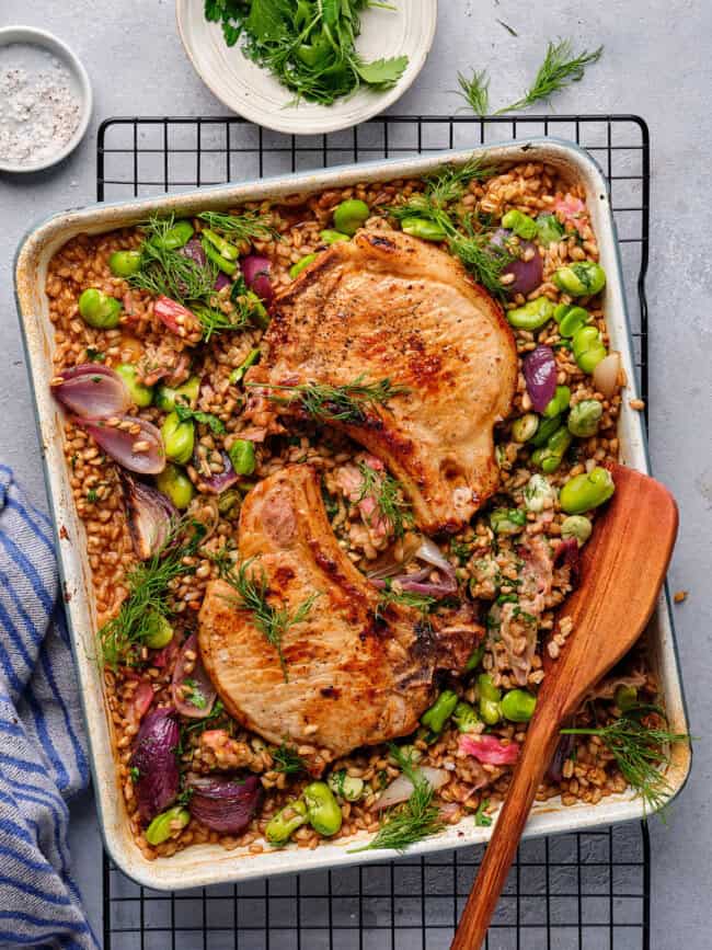 Karbonade met rabarber en spelt