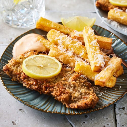 Schnitzel met funchi fries